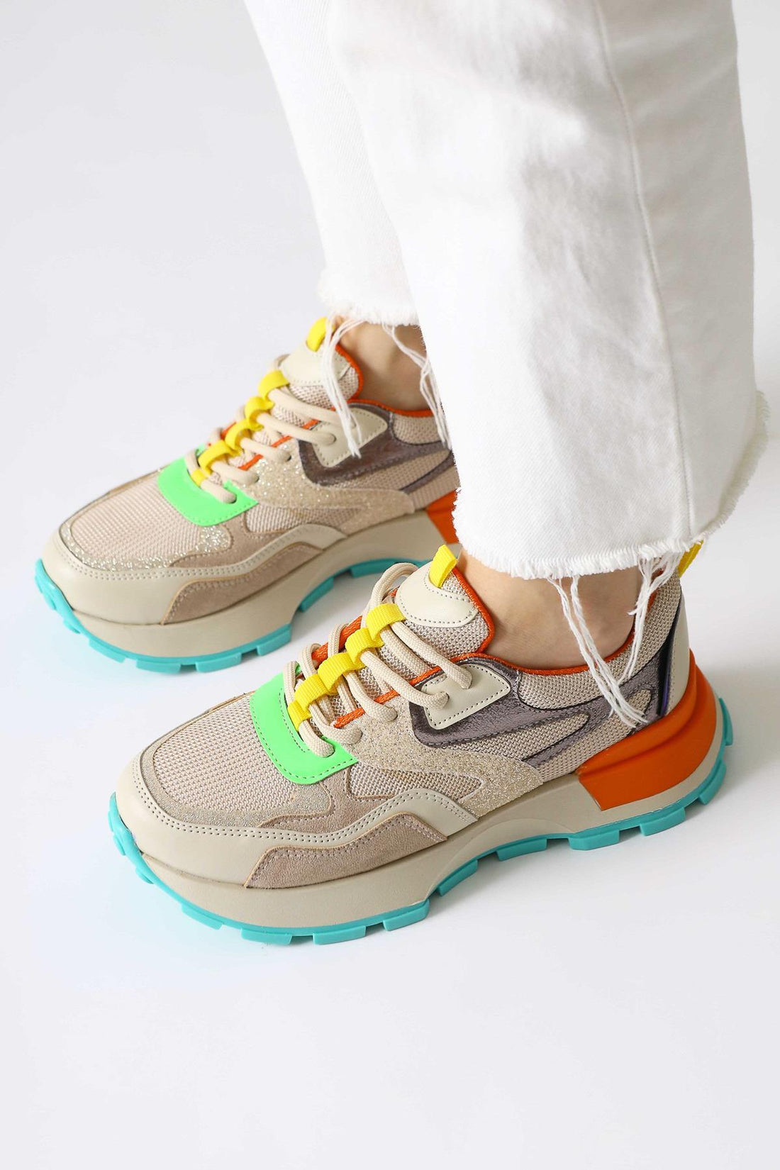 Netta Multi-Colored (Orange) Lace-Up Sneakers with Mesh Detail