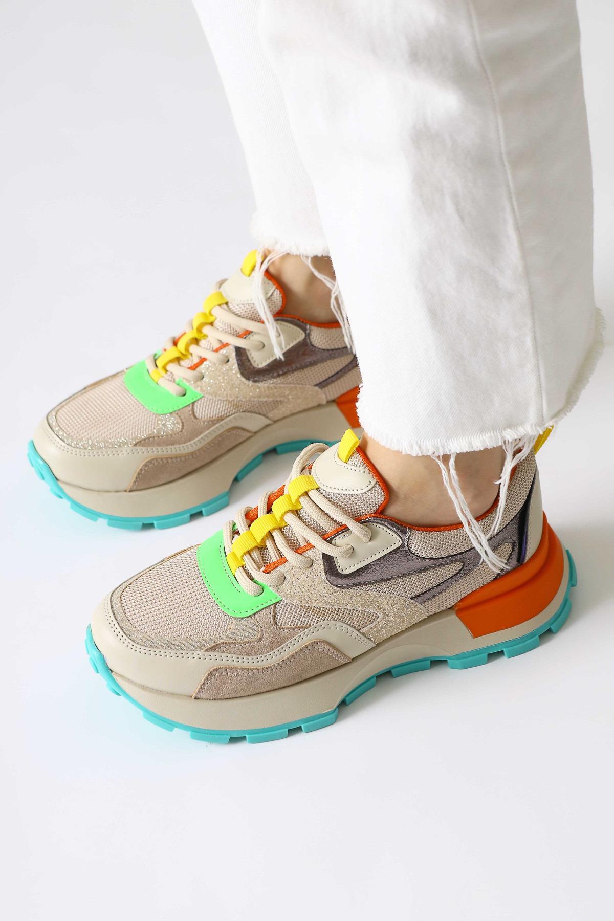 Netta Multi-Colored (Orange) Lace-Up Sneakers with Mesh Detail