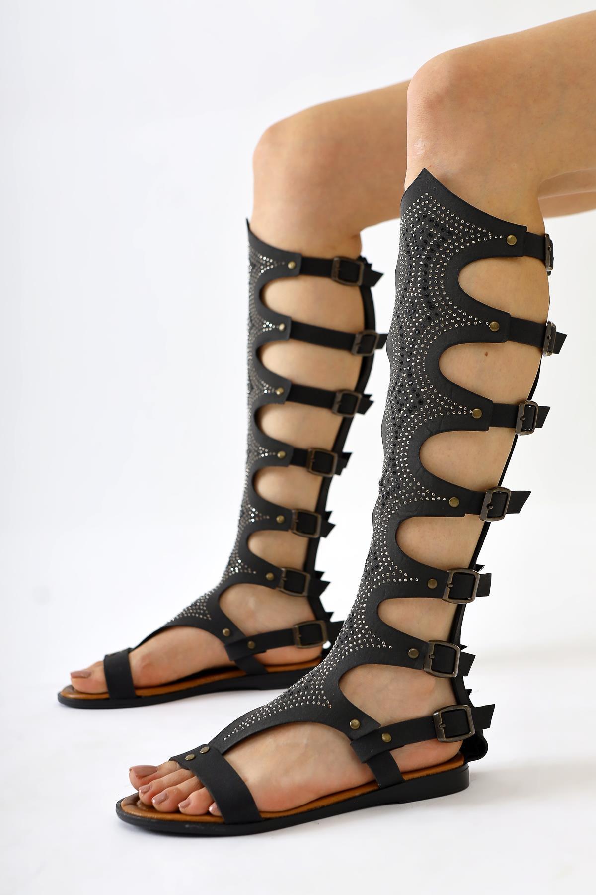 Medusa Genuine Leather Black Stone Detailed Knee-High Gladiator Sandals