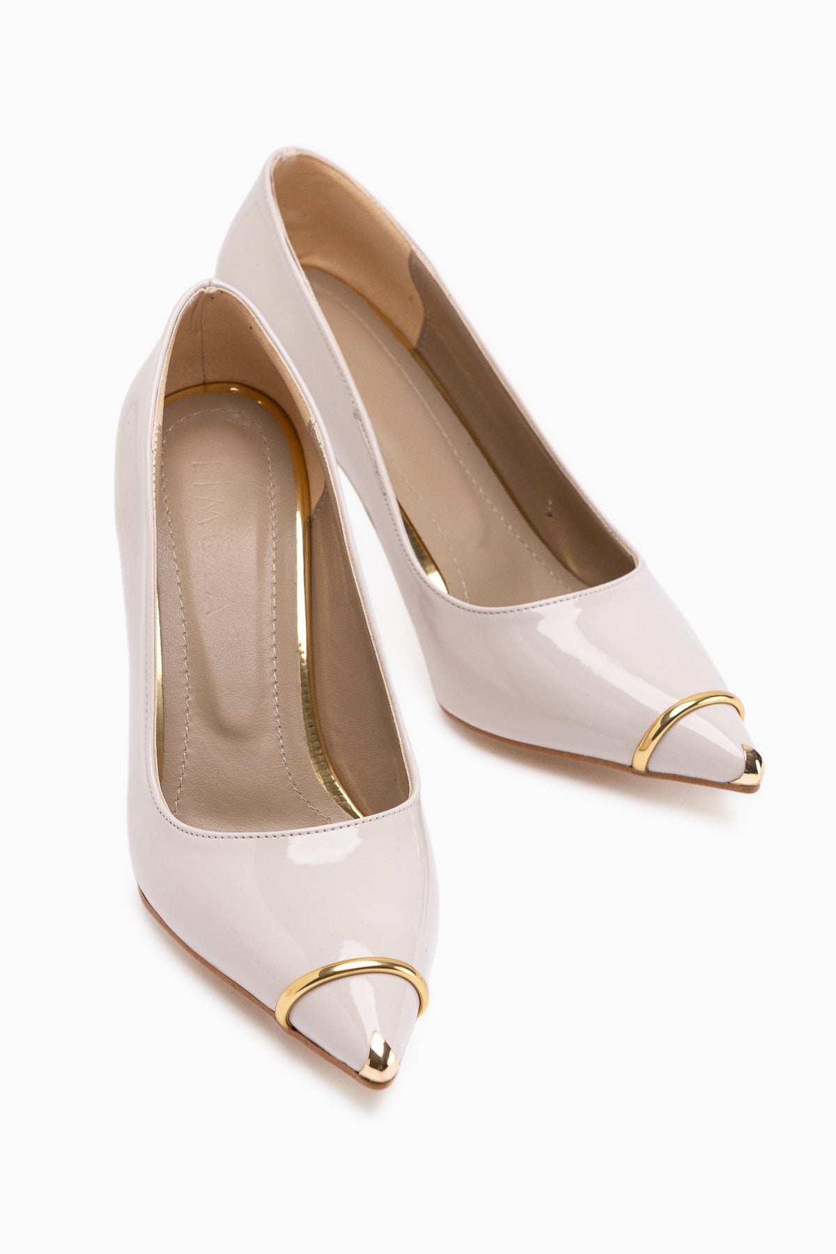 Lelia Beige Patent Leather Metal Toe Detailed Women’s Heeled Shoes