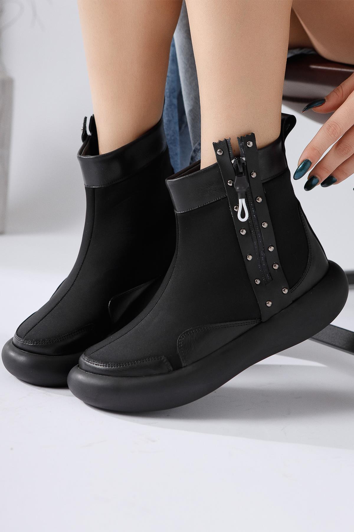 Maeda – Black Neoprene Stud-and-Zipper Detail Boot (Women)