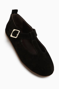 Danni Genuine Leather Black Suede Belted Women’s Ballet Flats