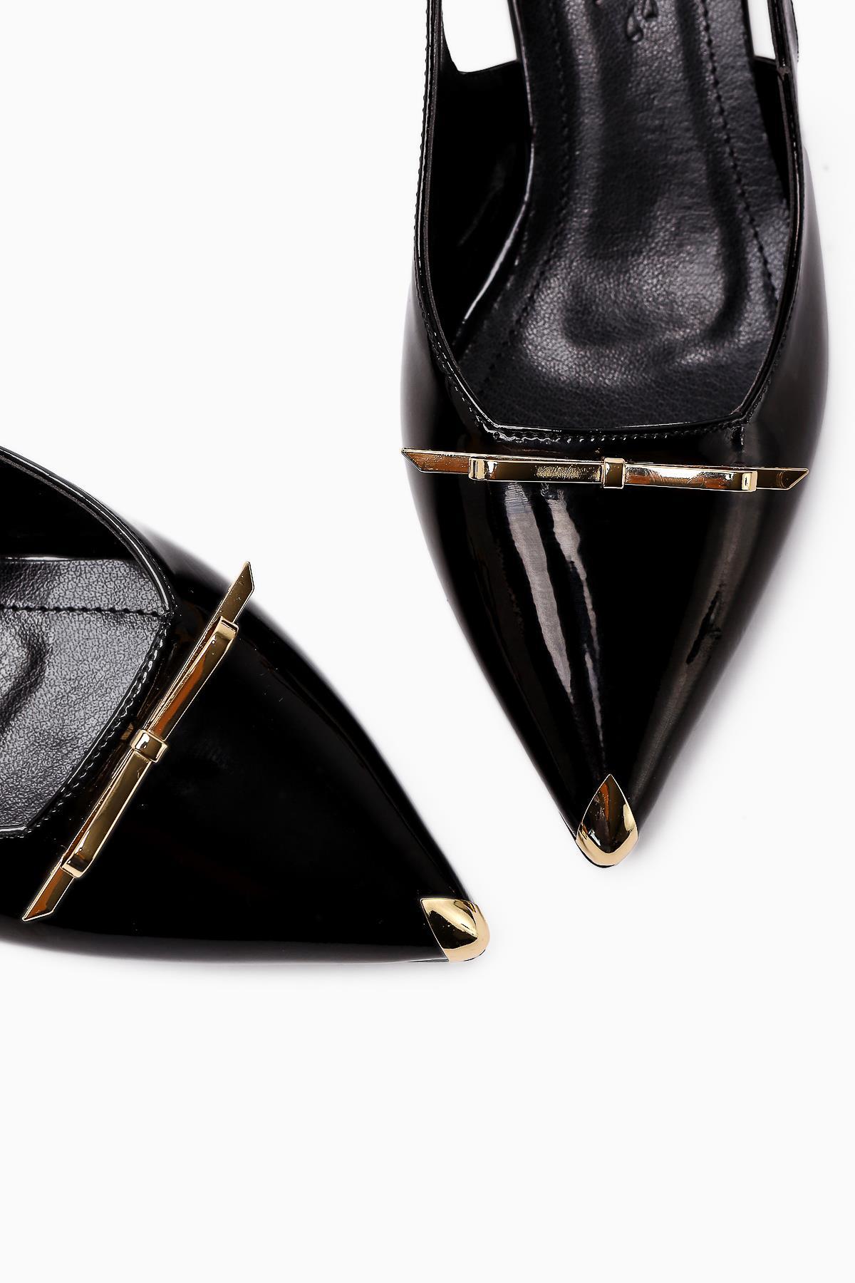 Noella Black Patent Pointed Toe Metallic Bow Short Heeled Women’s Shoes