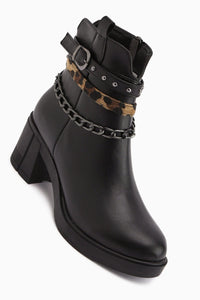 Anissa - Black Chain-and-Belt-Detail Block Heel Boot (Women)