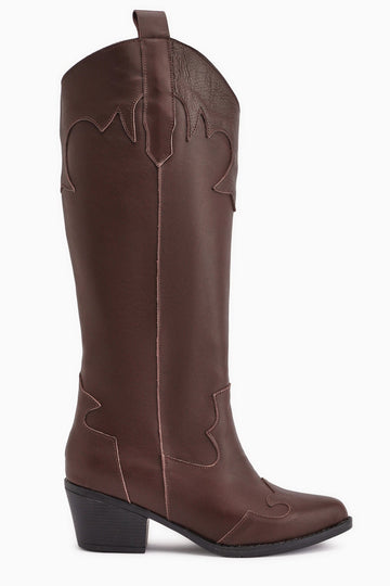 Lara – Genuine Leather Brown Heeled Western Knee-High Boot