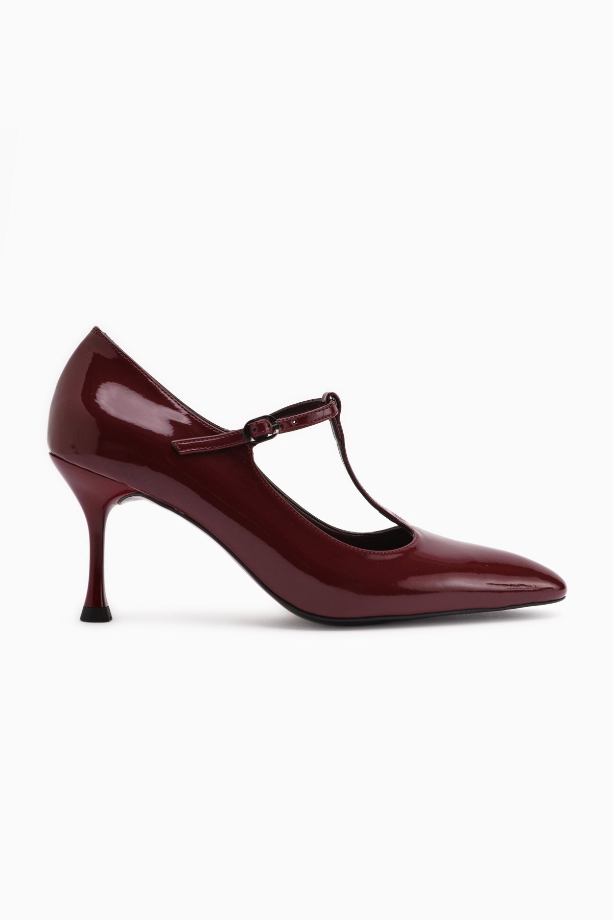 Sania Burgundy Patent Leather Belted High-Heeled Women's Shoe