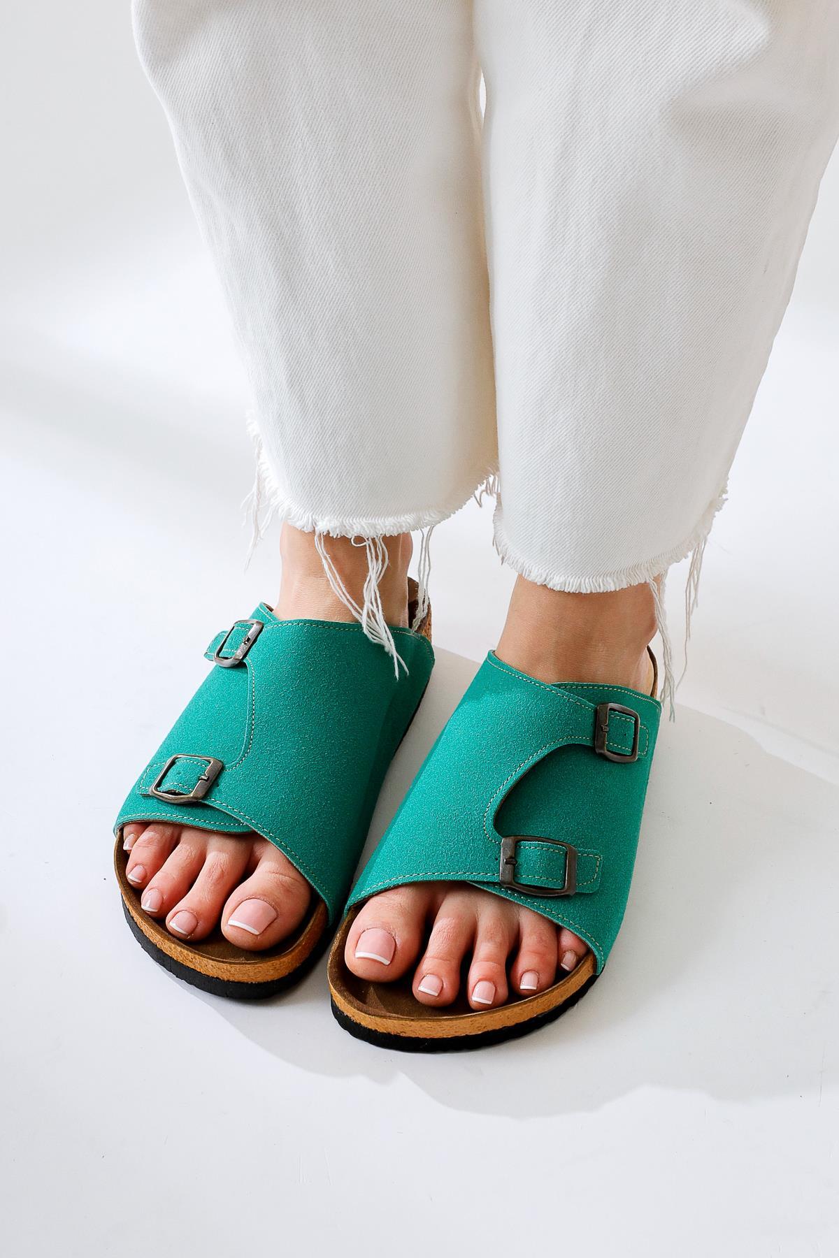 Christella Green Suede Slide with Double Buckle Detail