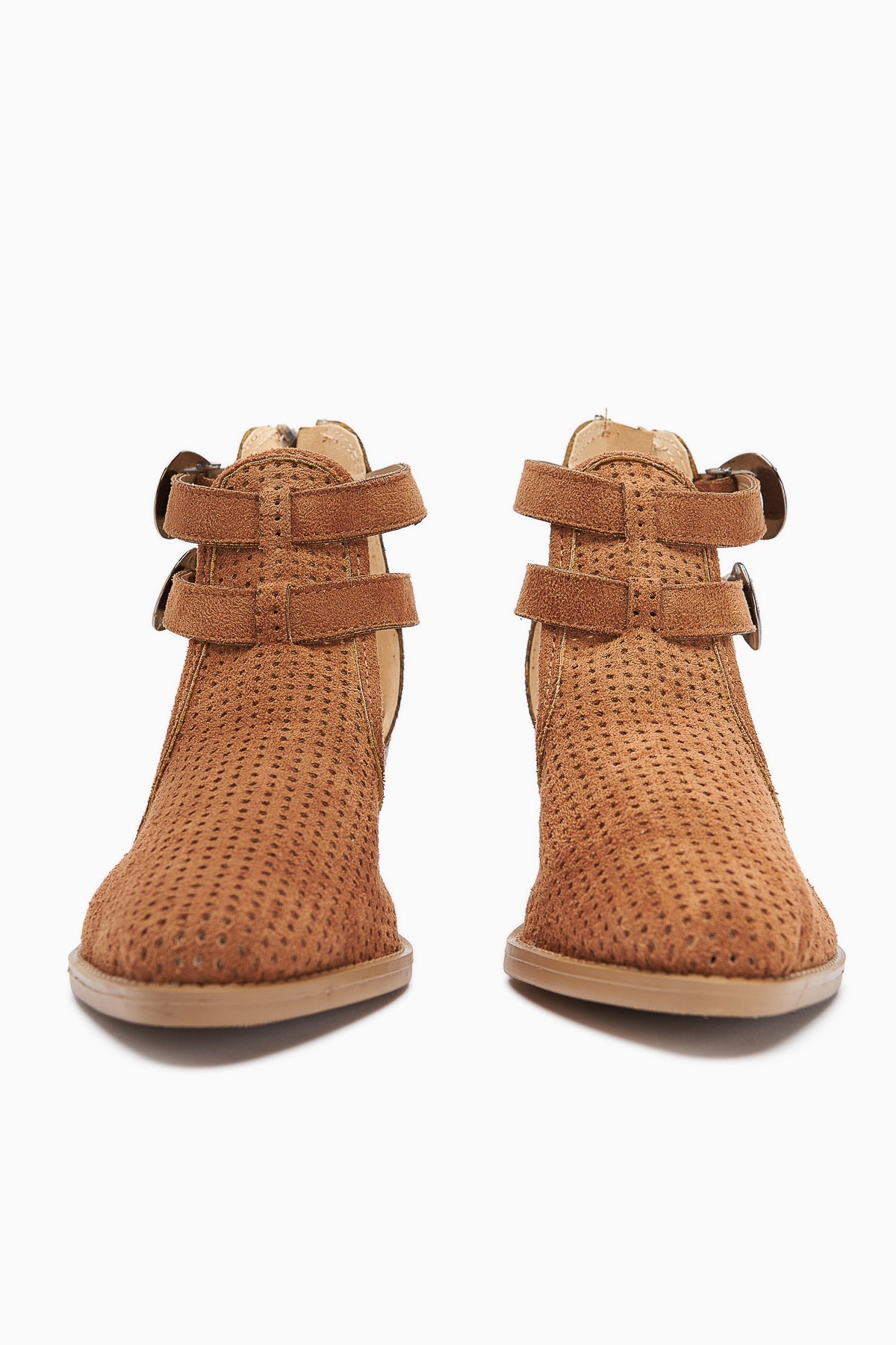 Carin Taba Suede Women's Summer Boots with Buckle Detail and Back Zipper