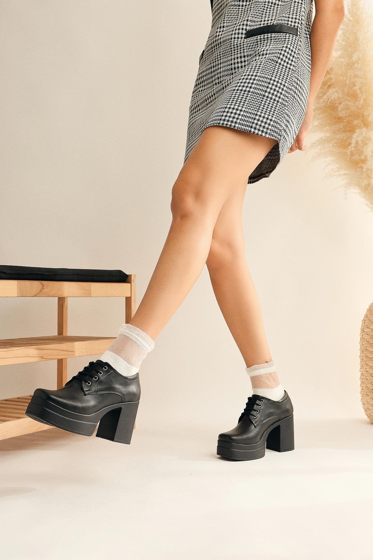 Audrina – Black Lace-Up Heeled Platform Shoe (Women)