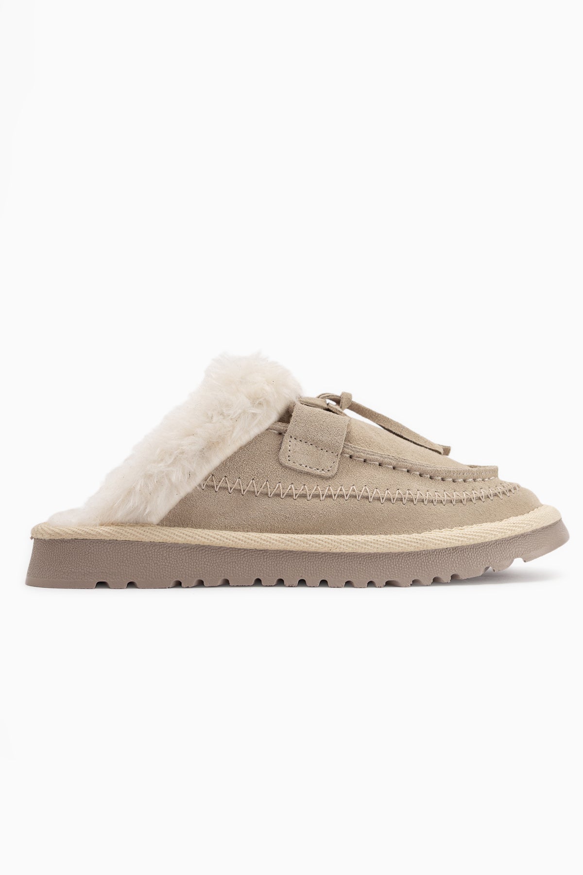 Tisha Genuine Leather Beige Suede Fur Detailed Women’s Slippers