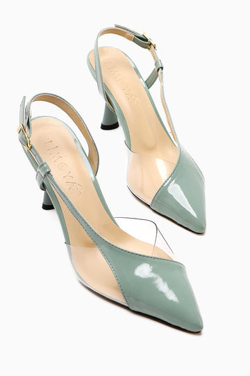 Aliah Mint Patent Leather Pointed Toe Pumps with Transparent Detail