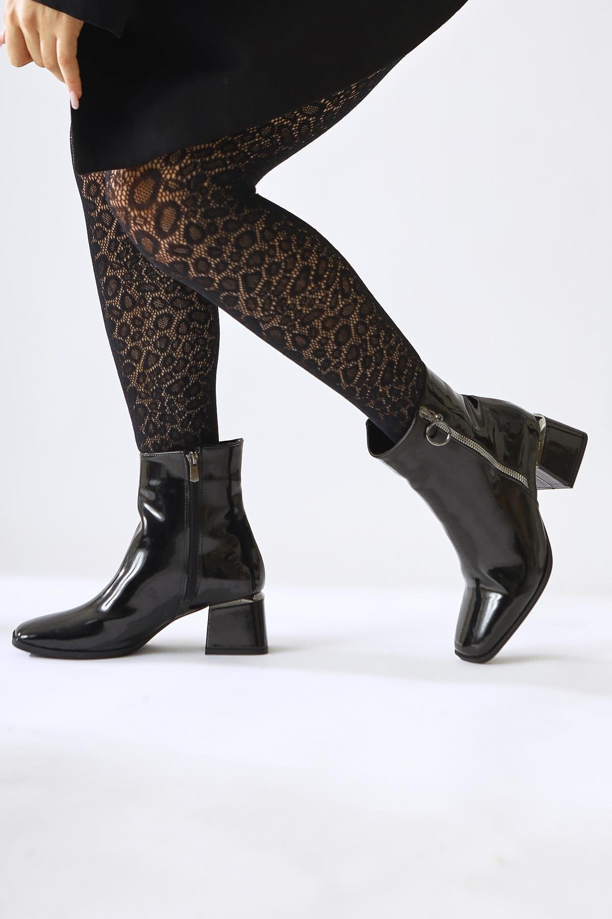 Deyana Black Patent Zipper Accessorized Boots