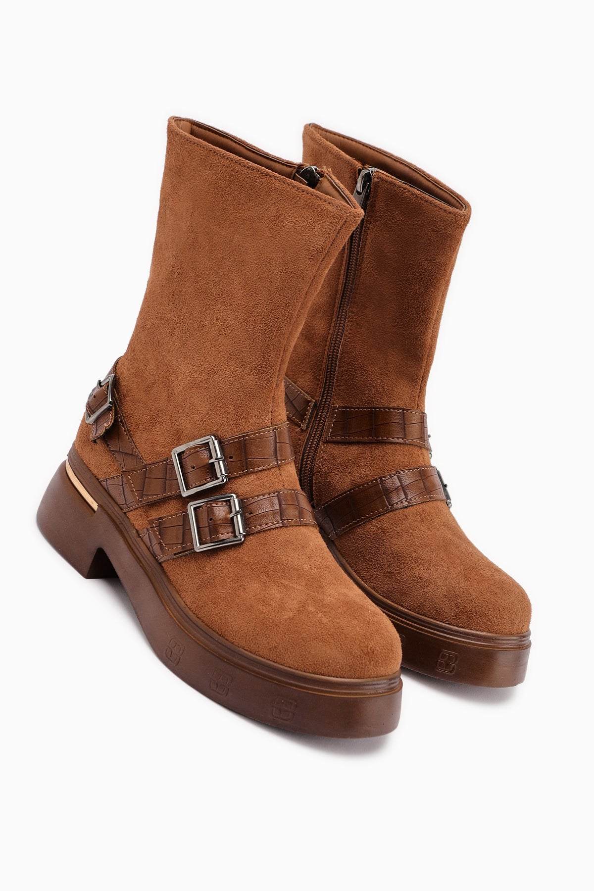 Mieke Tan Suede Double Buckle Zipper Women’s Boots