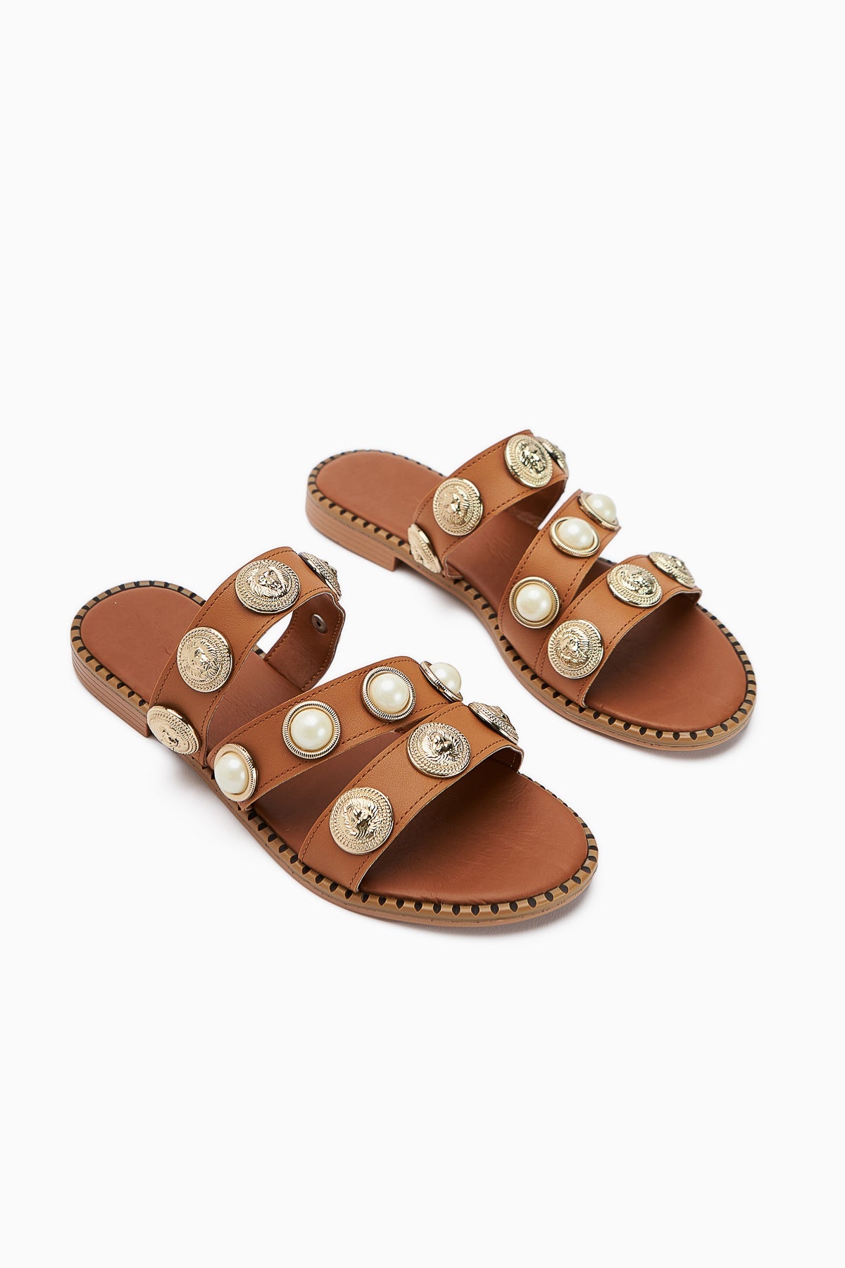 Renaz Tawny Pearl-Embellished Flat Women's Slippers