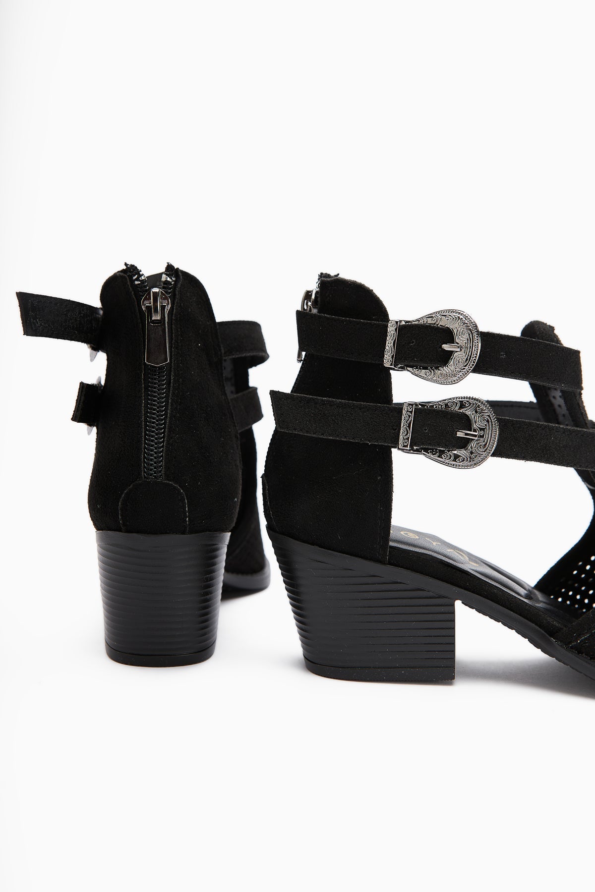 Carin Black Suede Women's Summer Boots with Buckle Detail and Back Zipper