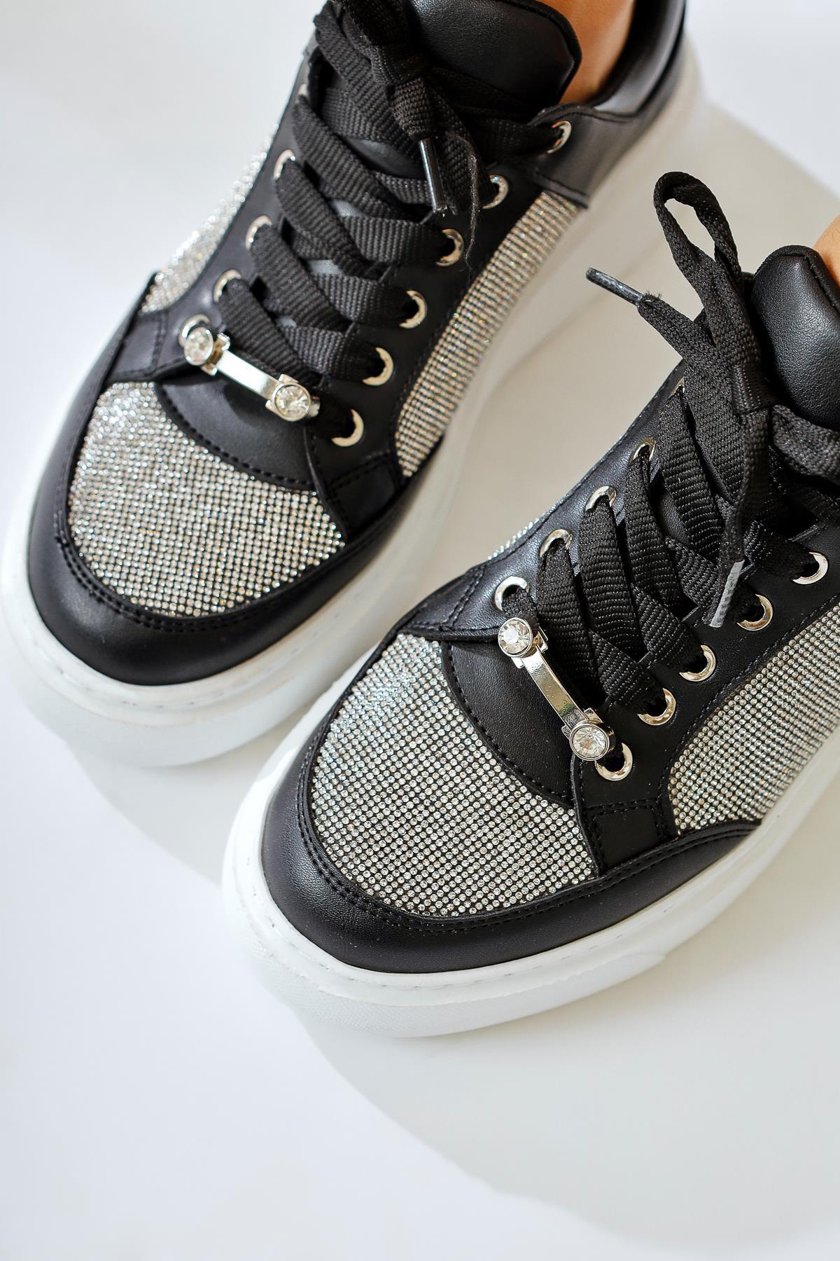 Sonnie Black Thick-Sole Sneaker with Stone Detail