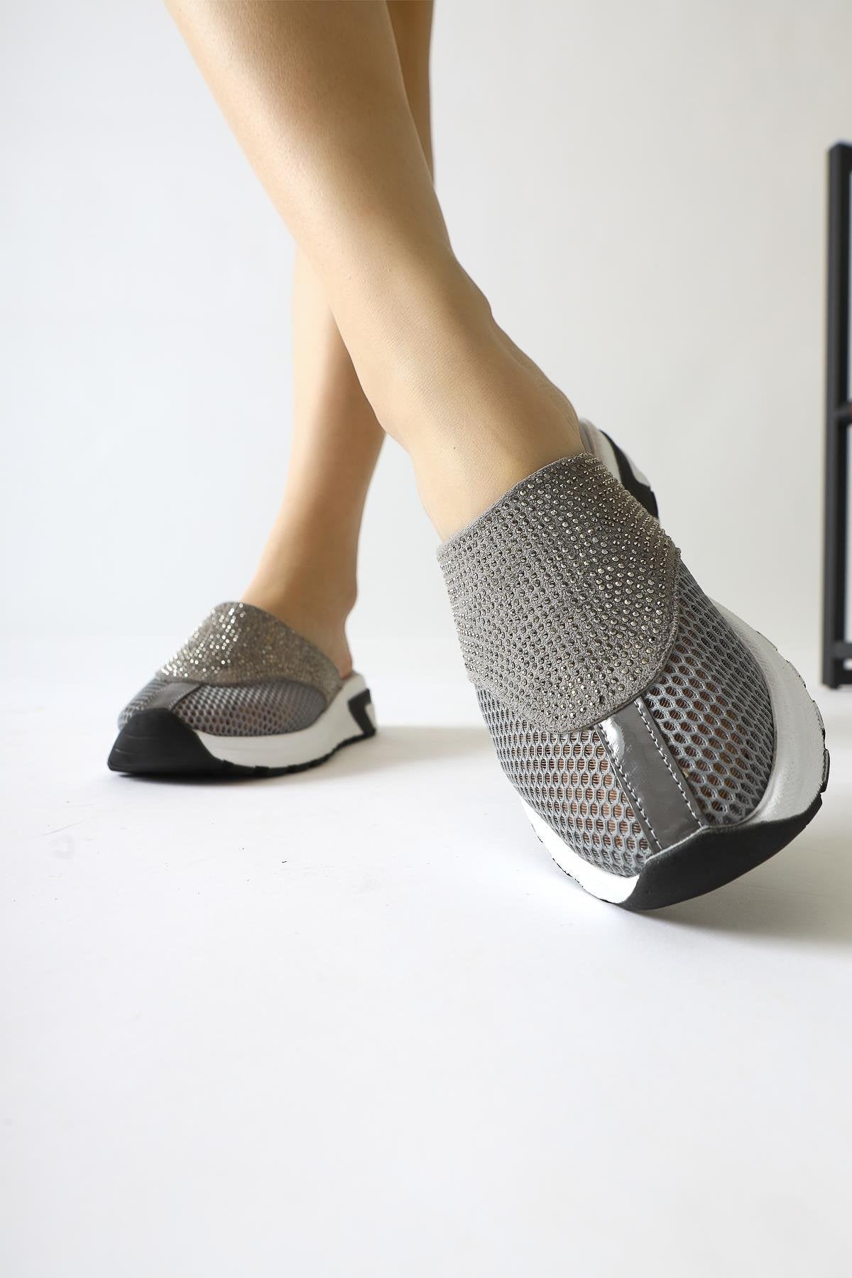 Suma Grey Mesh Detailed Stone Embellished Slippers