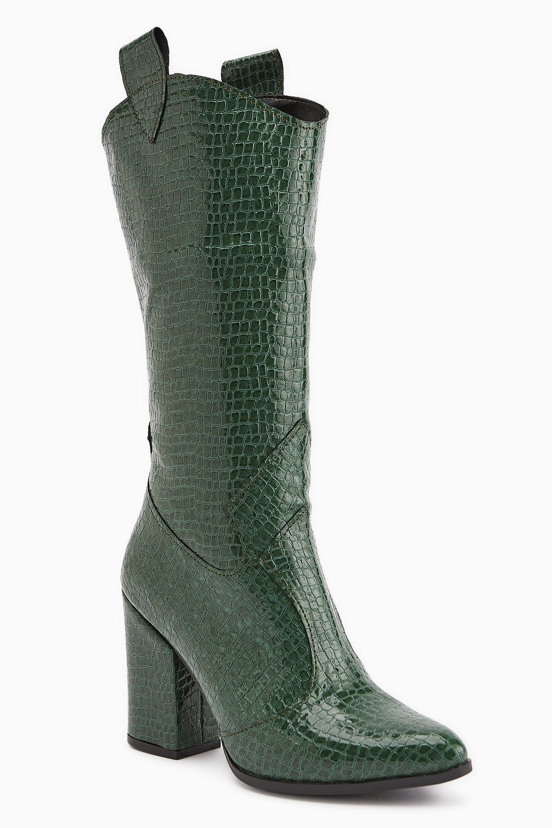 Keri Green Crocodile Asymmetric Cut Women’s Short Heeled Boots