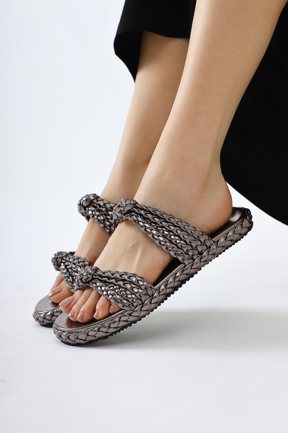 Nessa Platinum Patent Woven Strap Slippers