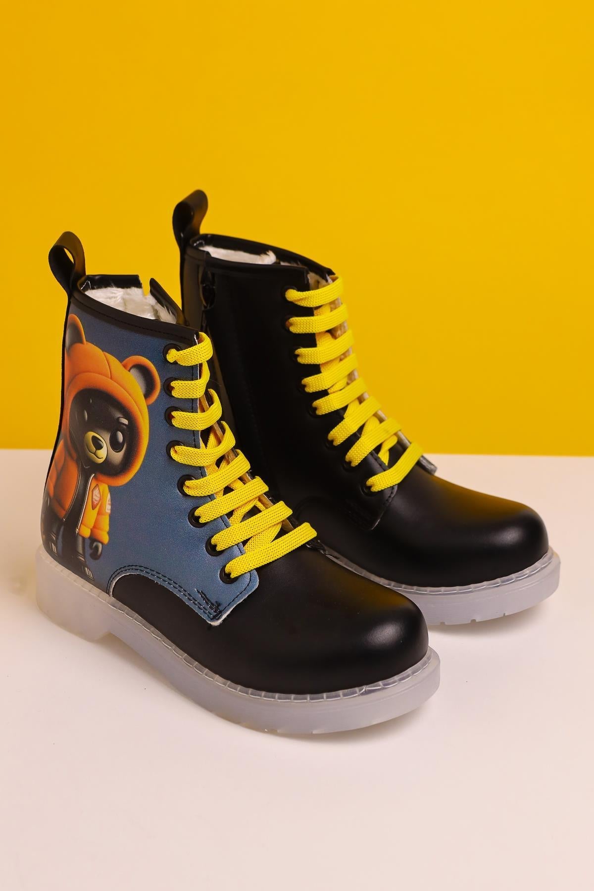 Doreen Black Striped Character Print Lace-Up Kids' Boots