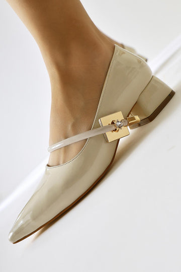Micha – Beige Patent Pointed-Toe Single-Strap Buckle-Detail Low Heel Daily Shoe (Women)