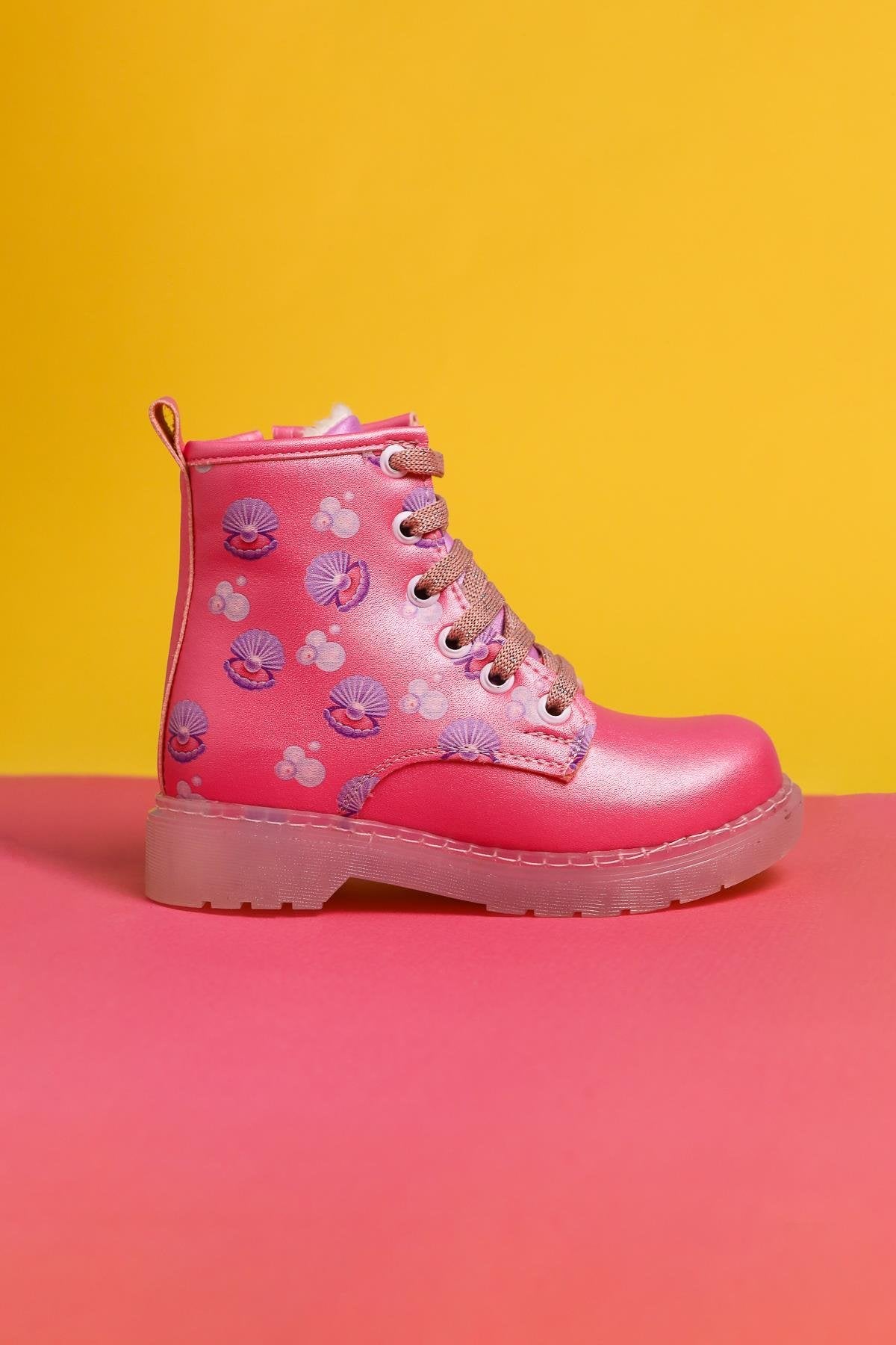 Johline Pink Sea Creature Print Lace-Up Light-Up Kids Boots