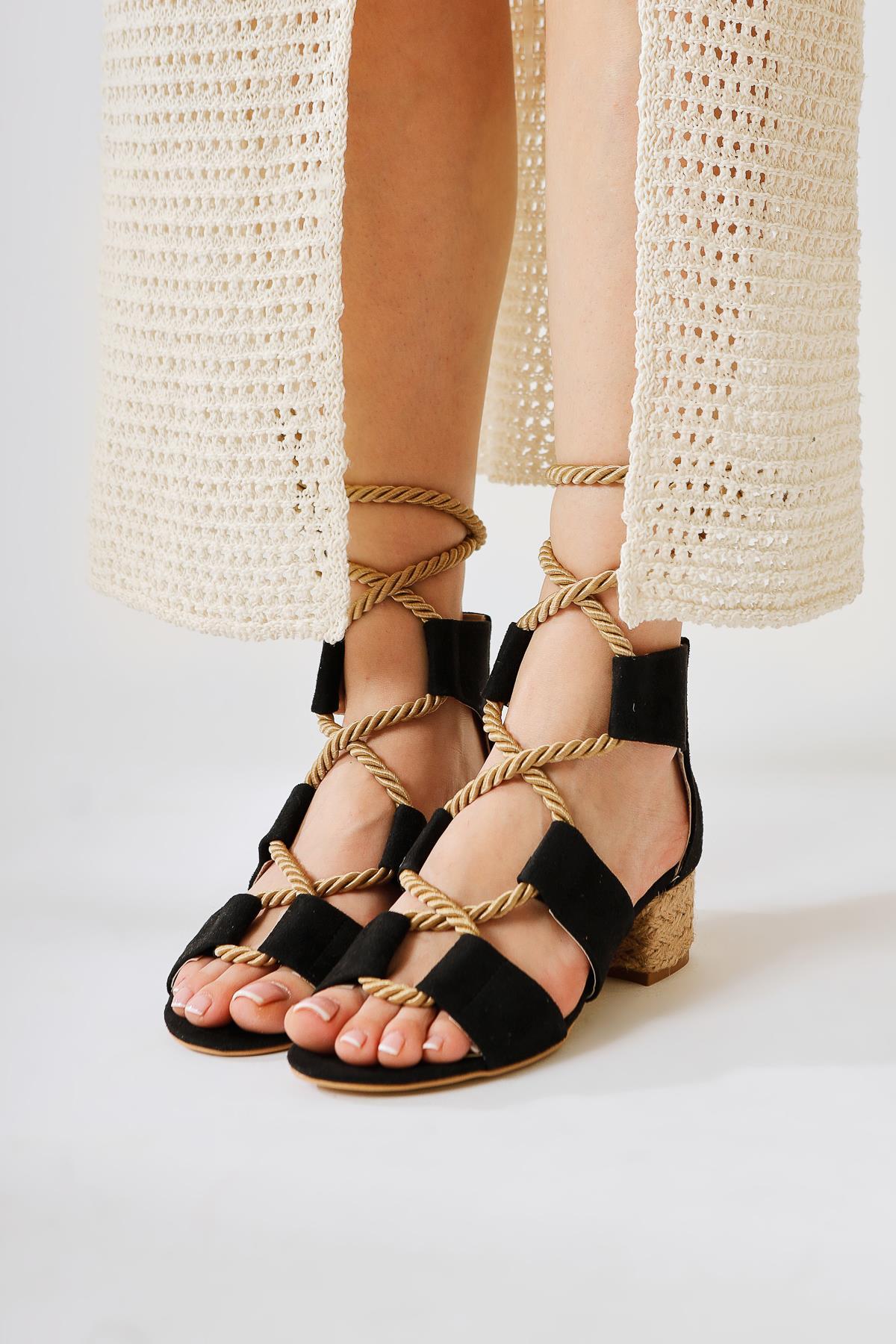 Unity Black Suede Thick-Strap Sandals with Rope Tie