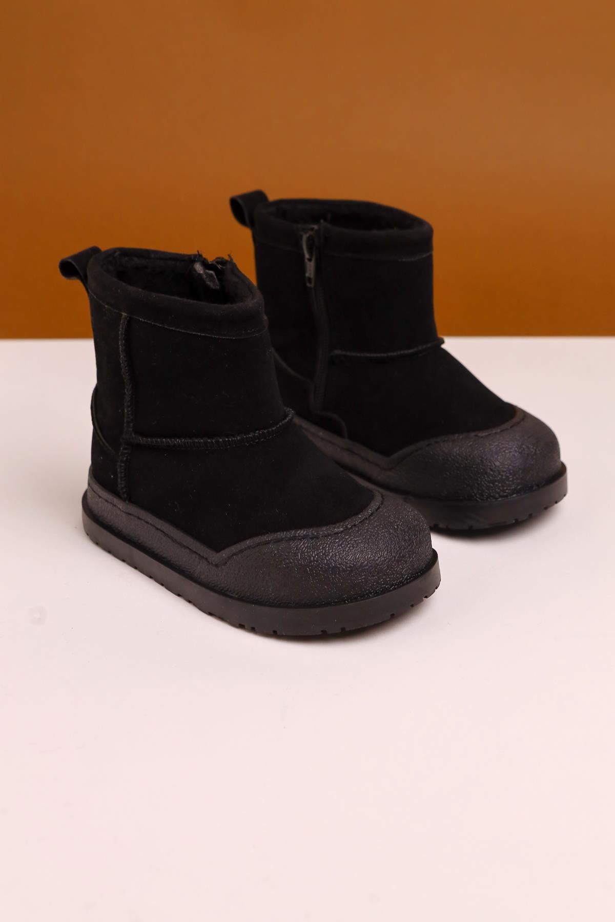 Jasmin Black Suede Boots with Reverse Stitching and Fur Lining for Kids