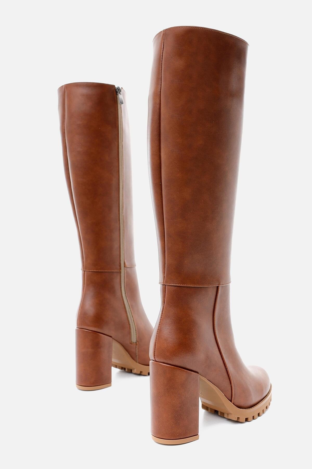 Elias – Cognac Zippered Platform Block Heel Knee-High Boot (Women)