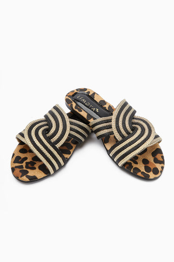 Nihaal Gold Leopard Cross Strap Flat Women’s Slippers